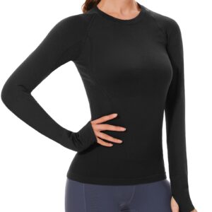 Stelle Womens Breathable Seamless Shirt with Thumb Holes for Yoga Sports Running Workout Athletic Slim Fit, Black, Small, Long Sleeve