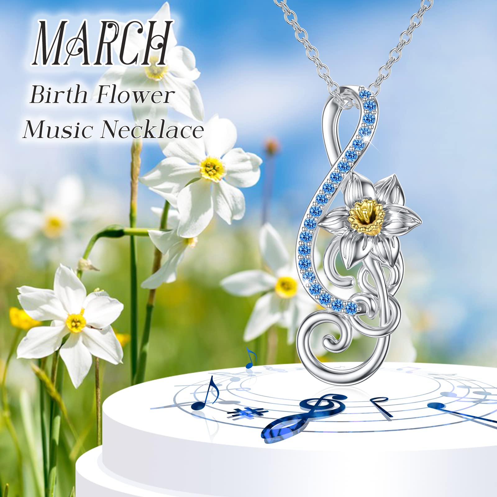 TOUPOP Music Note Necklace 925 Sterling Silver Dainty Daffodils Floral February Birth Flower Necklaces Music Jewelry Birthday Gifts for Women Mom Student