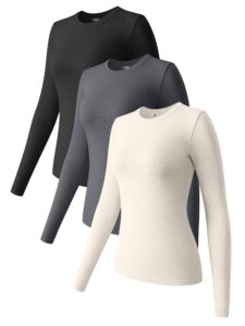 oqq womens 3 piece long sleeve tops crew neck stretch fitted underscrubs layer tee shirts tops black darkgrey beige