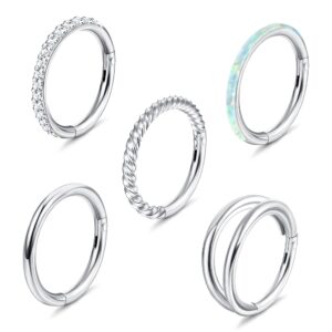 Jstyle 5Pcs 16G Surgical Steel Nose Rings Hoop for Women Opal CZ Clicker Hinged Septum Nose Ring Lip Helix Cartilage Hoop Earring Daith Rook Conch Nose Piercing Jewelry for Women 8mm 18G