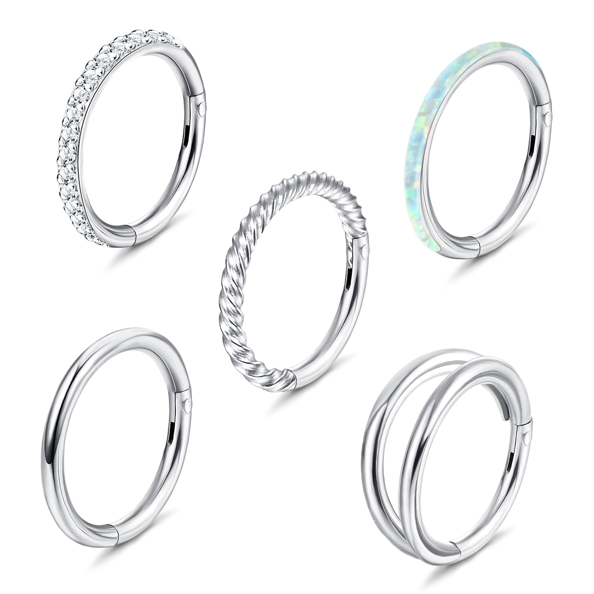 Jstyle 5Pcs 16G Surgical Steel Nose Rings Hoop for Women Opal CZ Clicker Hinged Septum Nose Ring Lip Helix Cartilage Hoop Earring Daith Rook Conch Nose Piercing Jewelry for Women 8mm 18G