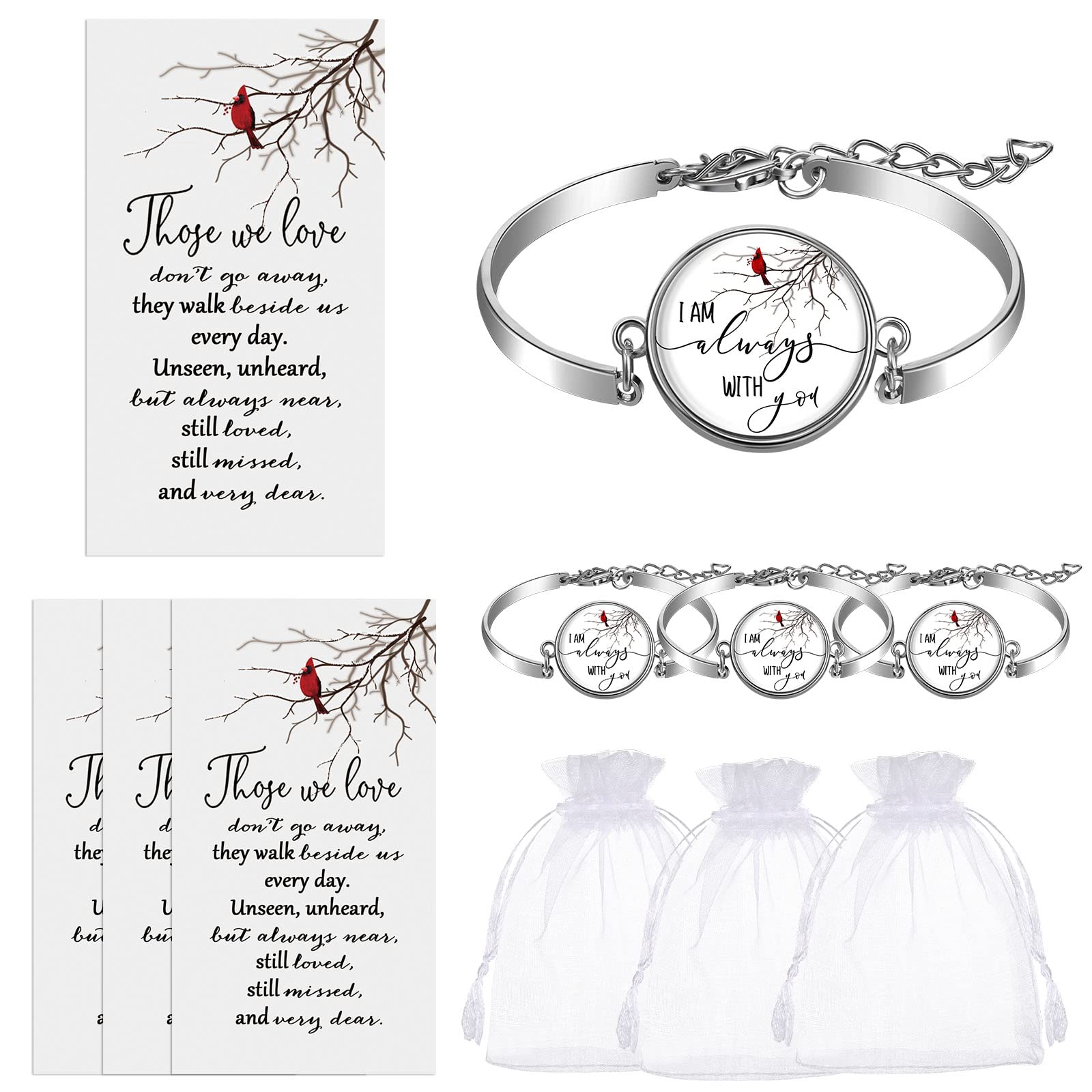 Unittype 3 Set Memorial Gifts Cardinal Memorial Bracelet Jewelry Bangle Sympathy Gift Soul Poem Card Remembrance Gifts Cardinal Gifts(3 Sets)