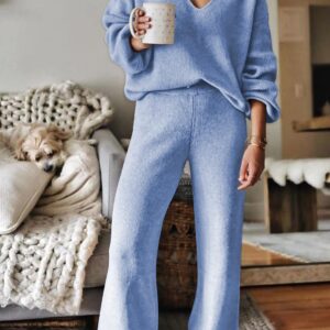 Viottiset Women's 2 Piece Outfits Sweater Set V Neck Knit Pullover Top Wide Leg Pants Sweatsuit Blue Small