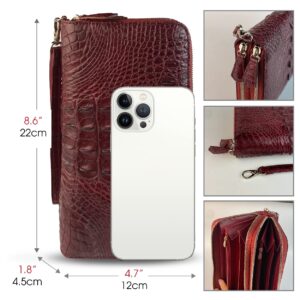 Burgundy Women Crocodile Clutch Wallet Large Capacity Alligator Leather Wristlets Purse Ladies Travel RFID Blocking Card Holder Cellphone Pocket VINU18