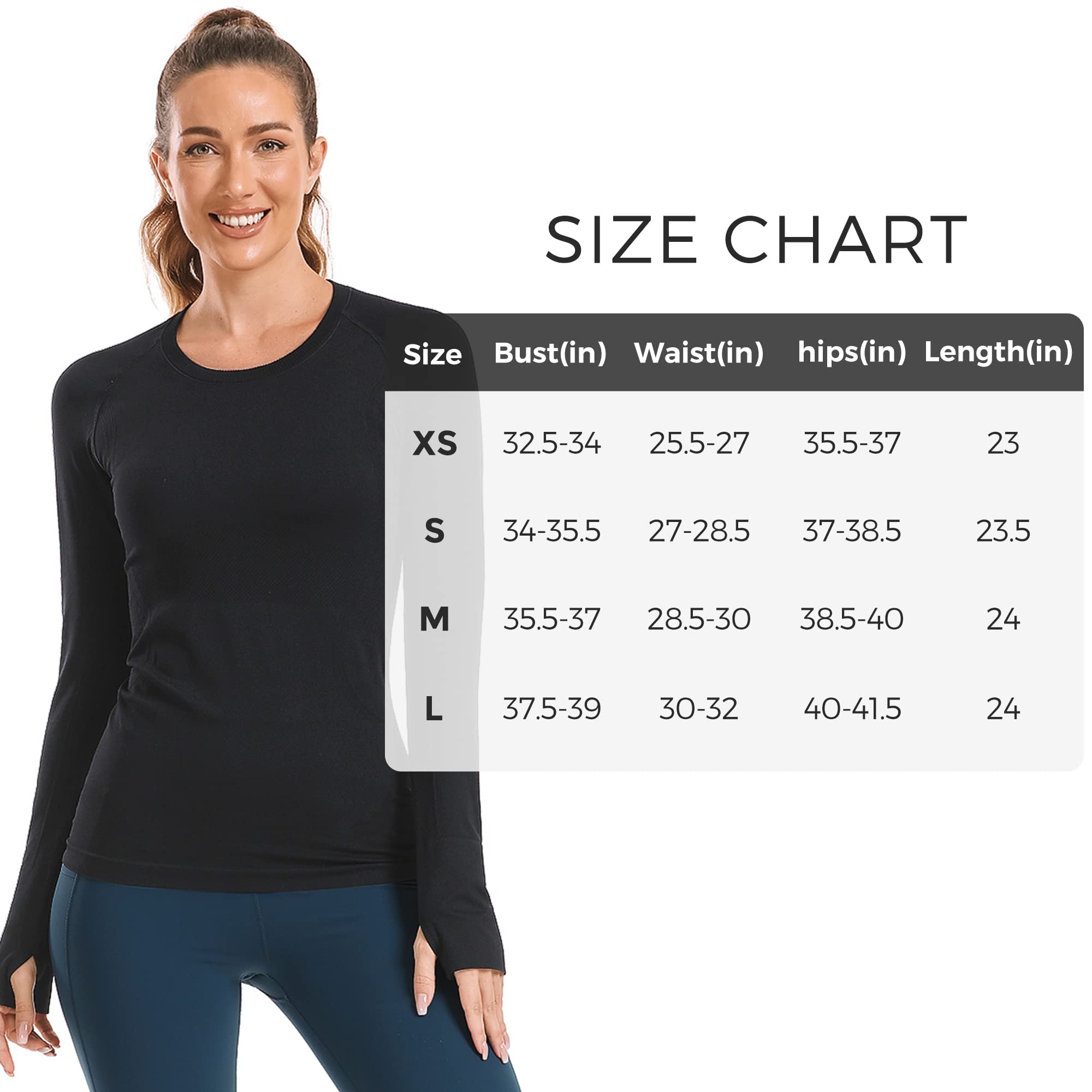 Stelle Womens Breathable Seamless Shirt with Thumb Holes for Yoga Sports Running Workout Athletic Slim Fit, Black, Large, Long Sleeve