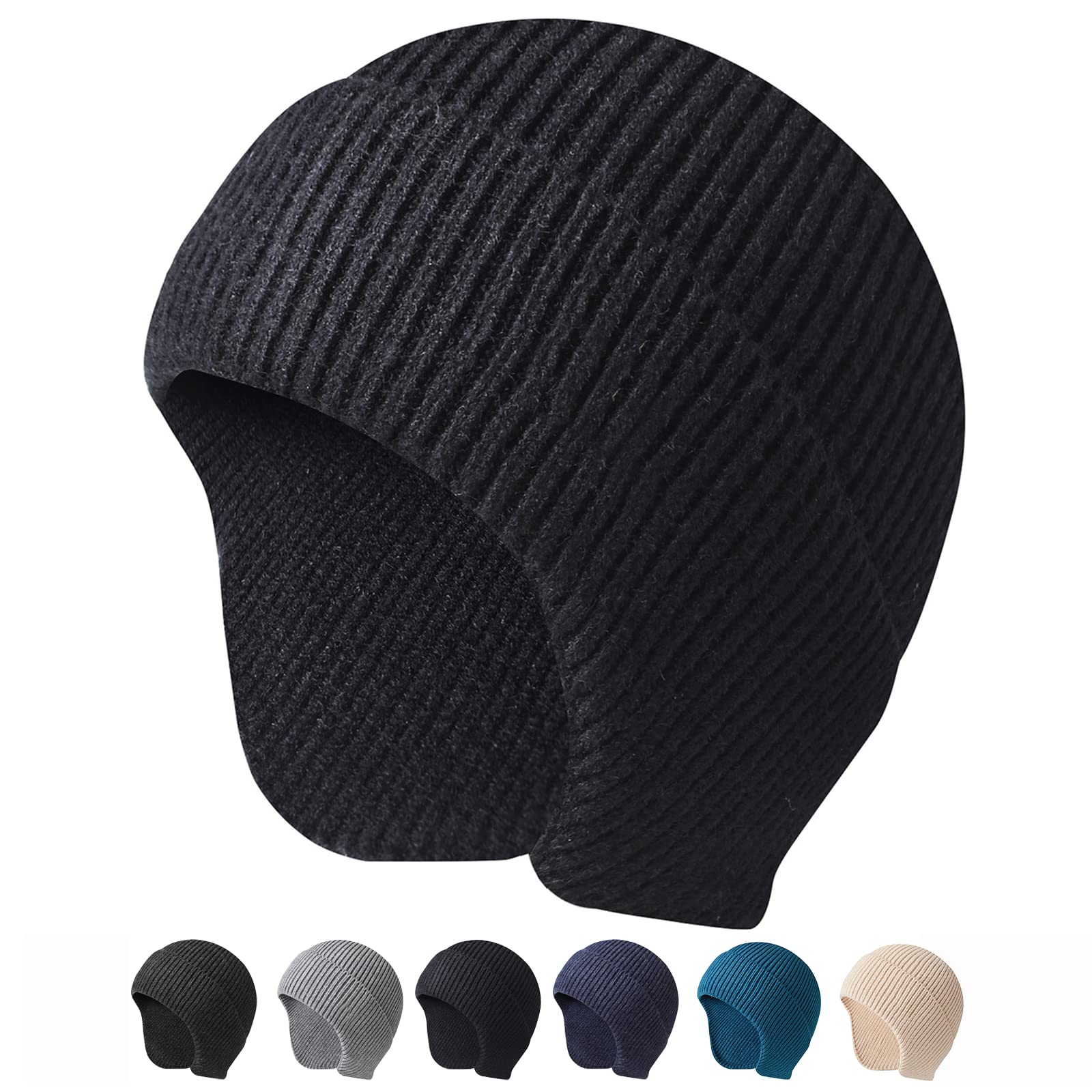 Arcweg Knit Beanie Hats Winter Men Women Warm Knit Earflap Hat Stretchy Windproof Knit Skull Cap for Winter Outdoor Black