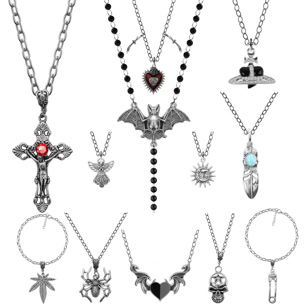 LUYI 12 Pcs Gothic Grunge Necklace Set Y2k Jewelry Accessories Goth Necklaces Cross Fairy Evil Eye Angel Heart Wing Chain Choker Necklace for Women Teen Girls