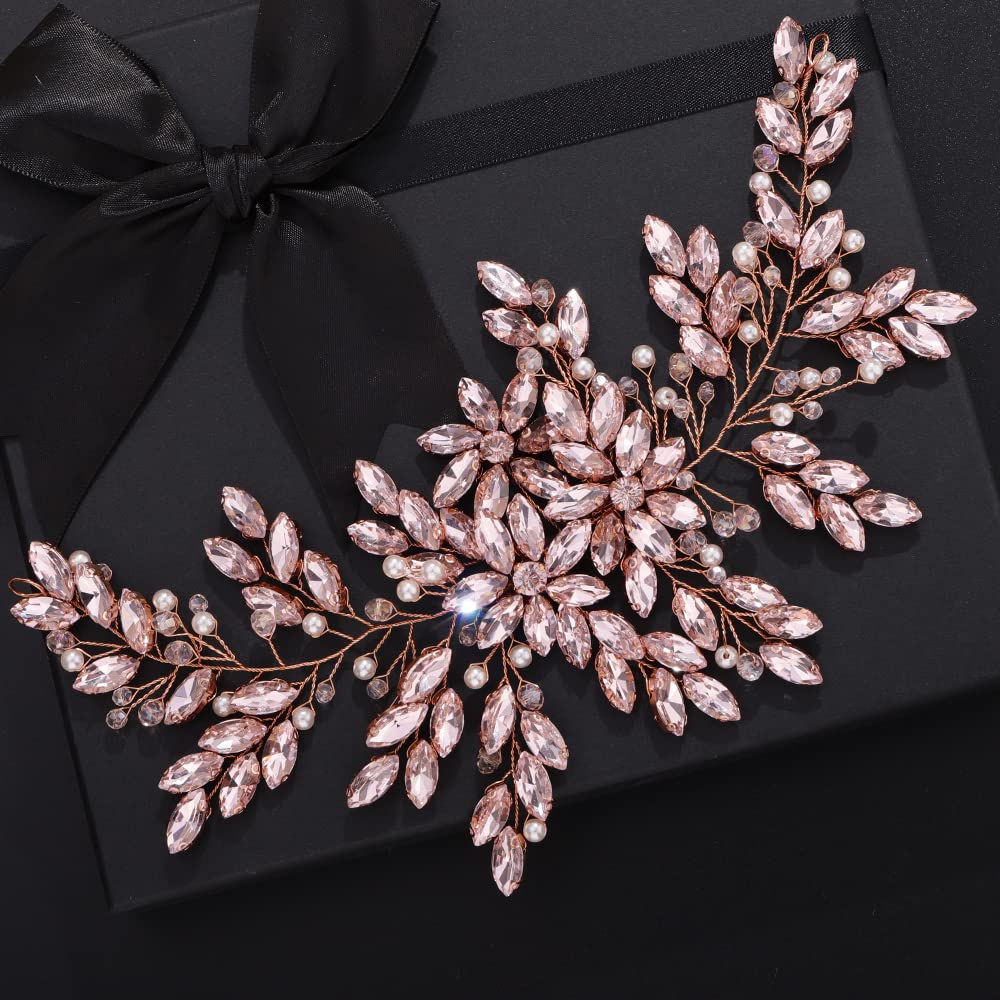 Teyglen Pink Rhinestones Pearls Crystals Large Headband Hair Vine Handmade Bridal Flower Headband Wedding Hair Accessories for Brides Hair Pieces Rose Gold Flower Girl Headpieces for Women