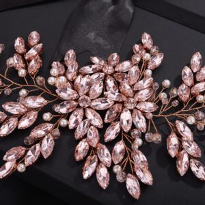 Teyglen Pink Rhinestones Pearls Crystals Large Headband Hair Vine Handmade Bridal Flower Headband Wedding Hair Accessories for Brides Hair Pieces Rose Gold Flower Girl Headpieces for Women