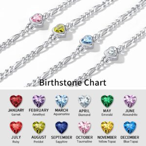 ChicSilver 925 Sterling Silver Heart Bracelet for Women Dainty 3mm Cubic Zirconia CZ Created Aquamarine March Birthstone Figaro Chain Bracelet Birthday Jewelry Gifts