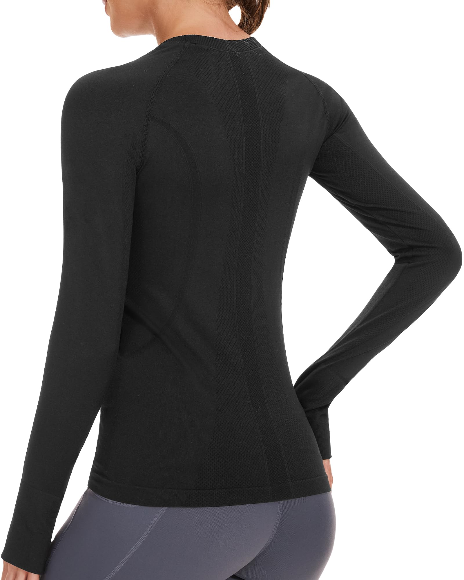 Stelle Womens Breathable Seamless Shirt with Thumb Holes for Yoga Sports Running Workout Athletic Slim Fit, Black, Large, Long Sleeve