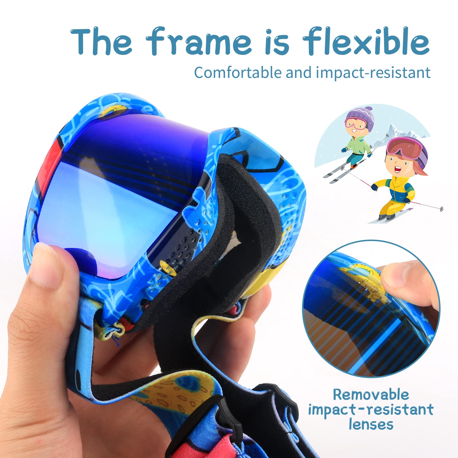 Kids Ski Goggles, OTG Kids Snow Goggles Anti Fog UV Protection Double Layer Lenses Snowboard Goggles, Helmet Compatible Goggles for Boys Girls Toddler Youth