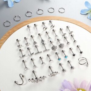 YADOCA 19Pairs Surgical Steel Flat Back Stud Earrings For Women Men Hypoallergenic Cartilage Earrings Stud Hoops Small CZ Heart Star Moon Opal Butterfly Helix Tragus Daith Earrings Piercing Jewelry