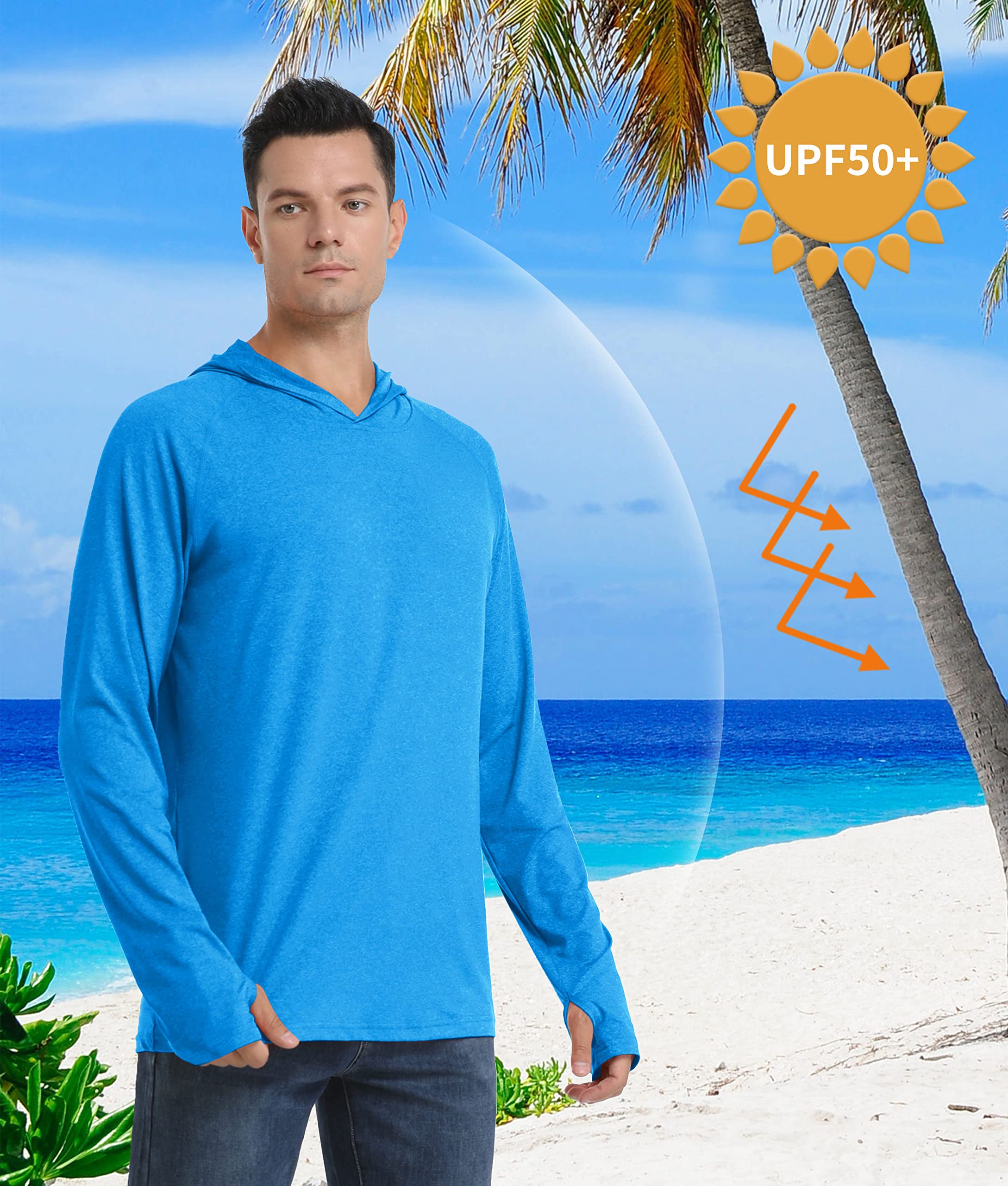 TACVASEN Men's Athletic UV Long Sleeve Sun Shirts with Hoody Running Exercise, Sea Blue, S