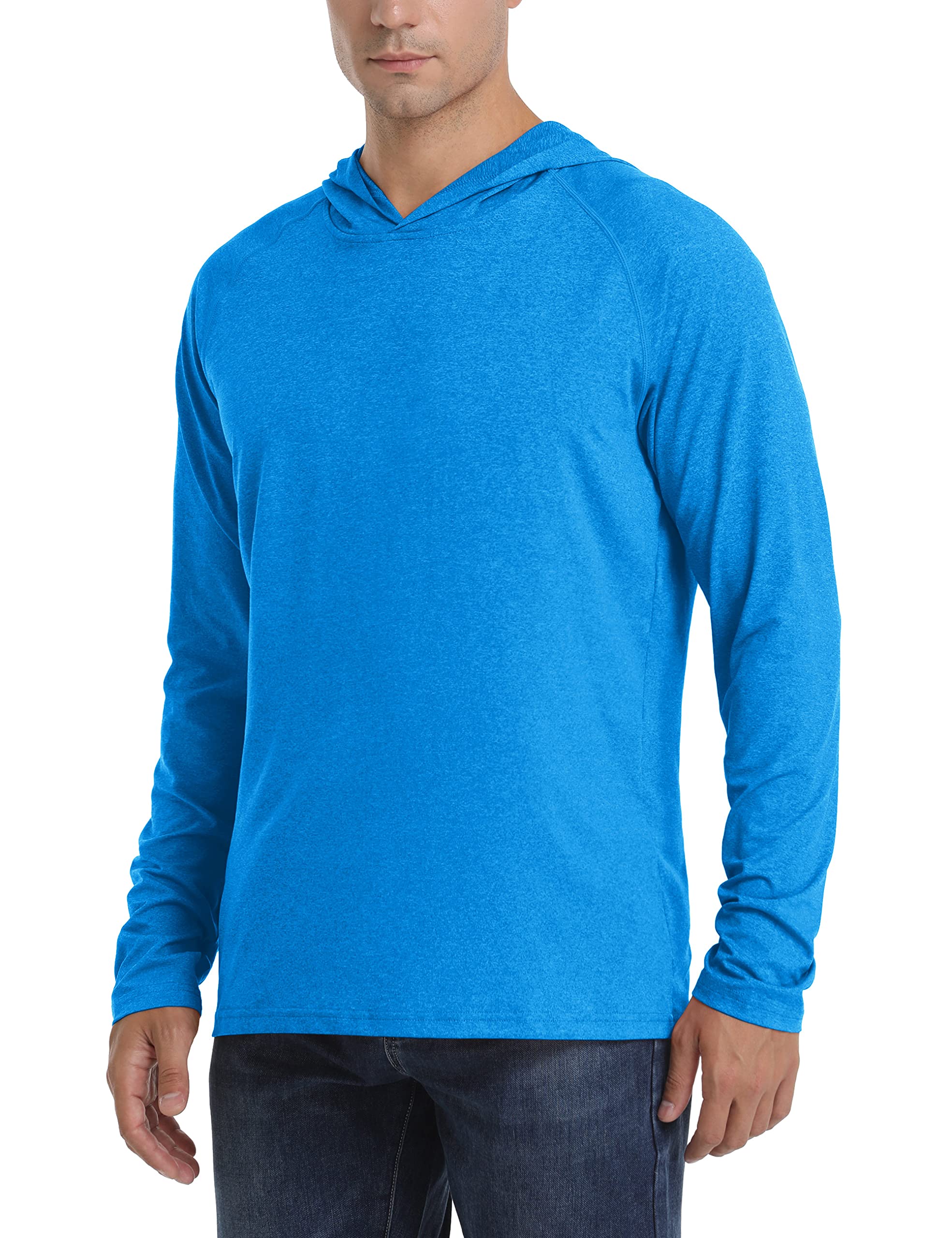 TACVASEN Men's Athletic UV Long Sleeve Durable Shirts with Hoody Running Exercise, Sea Blue, L