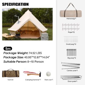 ONLYCTR Bell Tent for Camping, Luxury Cotton Tent, Yurt Canvas Tent with Stove Jack, Outdoor Canvas Bell Tent for 4/6/8 Person Family 4 Season Camping (16.5' (5M), Beige)