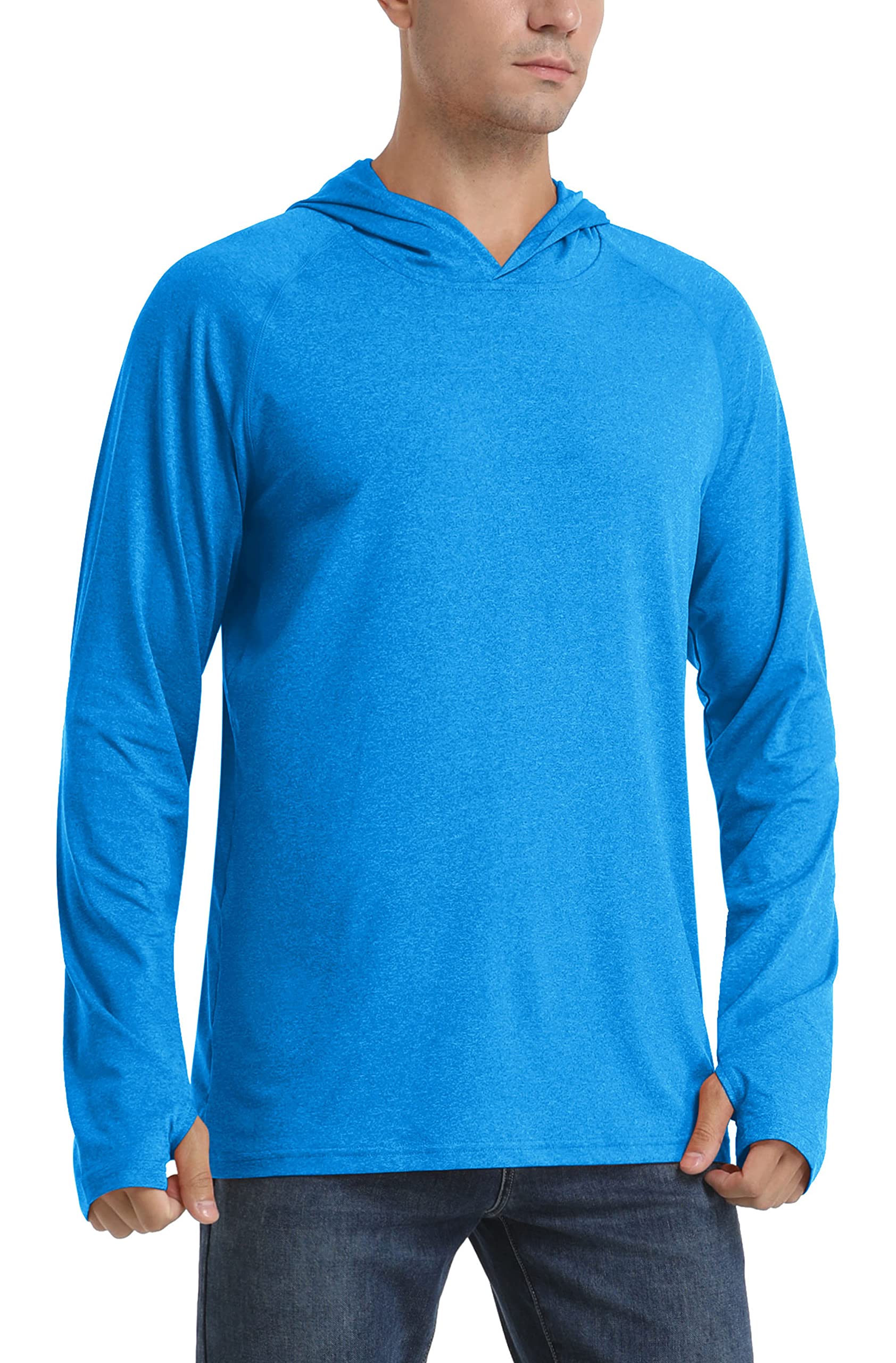 TACVASEN Men's Athletic UV Long Sleeve Sun Shirts with Hoody Running Exercise, Sea Blue, S