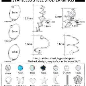 YADOCA 19Pairs Surgical Steel Flat Back Stud Earrings For Women Men Hypoallergenic Cartilage Earrings Stud Hoops Small CZ Heart Star Moon Opal Butterfly Helix Tragus Daith Earrings Piercing Jewelry