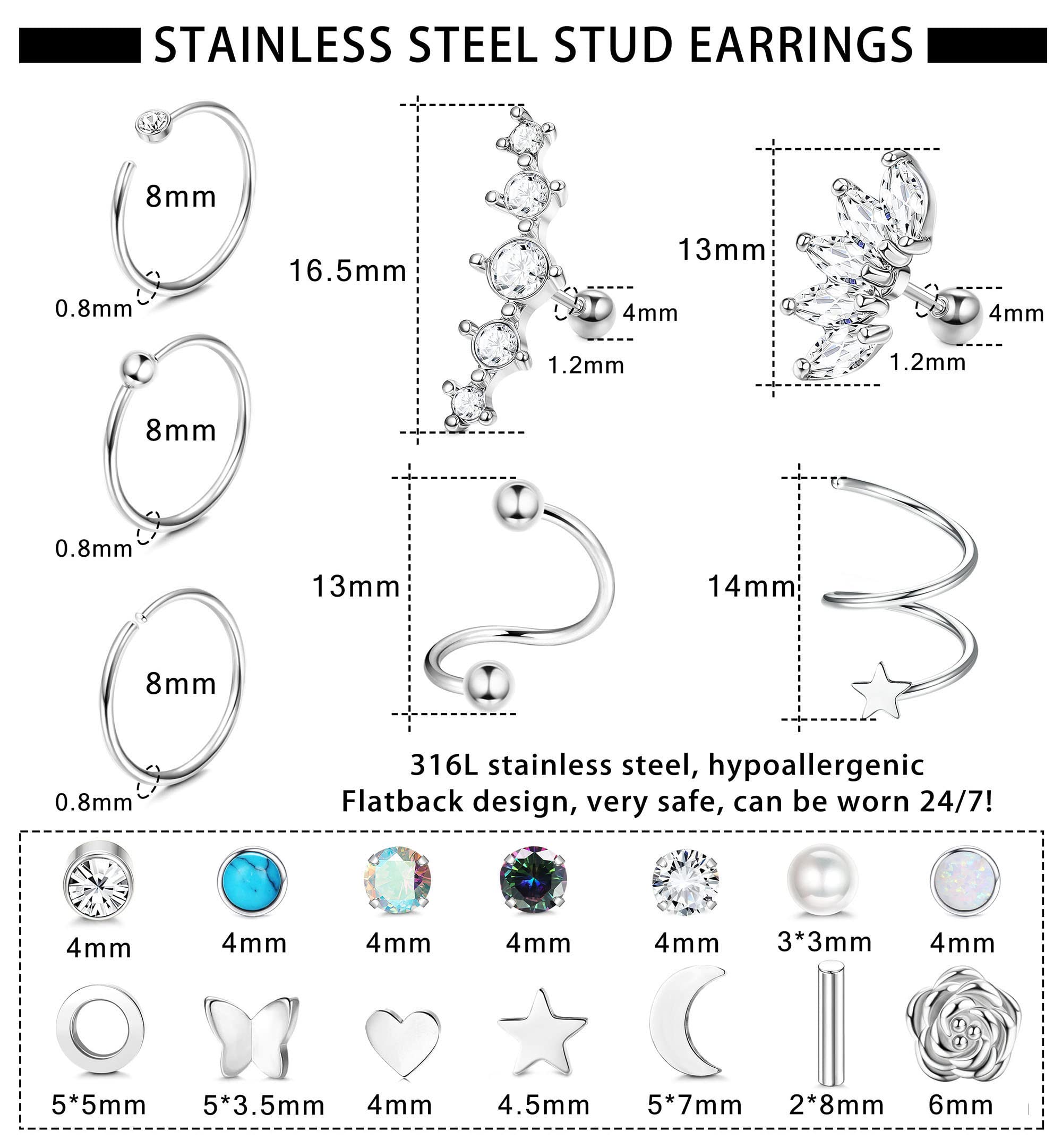 YADOCA 19Pairs Surgical Steel Flat Back Stud Earrings For Women Men Hypoallergenic Cartilage Earrings Stud Hoops Small CZ Heart Star Moon Opal Butterfly Helix Tragus Daith Earrings Piercing Jewelry