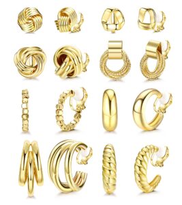 fibo steel 8pairs gold clip on earrings for women chunky clip on hoop earrings for non pierced twist knot clip earrings no piercing fake earrings set