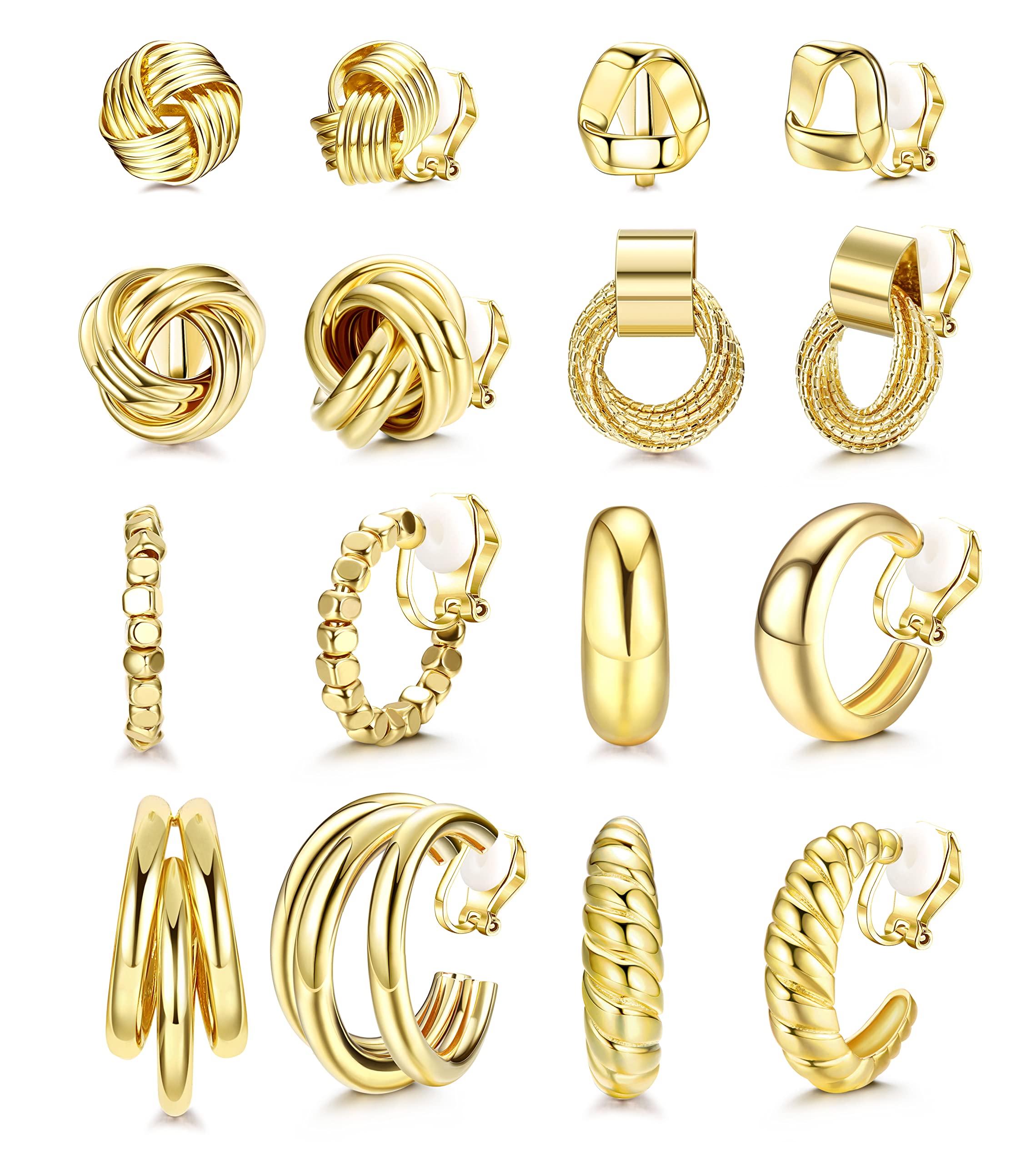 FIBO STEEL 8Pairs Gold Clip On Earrings for Women Chunky Clip on Hoop Earrings for Non Pierced Twist Knot Clip Earrings No Piercing Fake Earrings Set