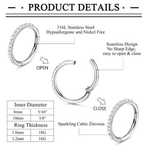 Jstyle 5Pcs 16G Surgical Steel Nose Rings Hoop for Women Opal CZ Clicker Hinged Septum Nose Ring Lip Helix Cartilage Hoop Earring Daith Rook Conch Nose Piercing Jewelry for Women 8mm 18G