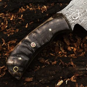 SUSA KNIVES Special Fixed Blade Hunting Knife, Beautiful Damascus Gut Hook Knife Made of Remarkable Damascus Steel Ram Horn Handle, with leather sheath (RAM HORN)