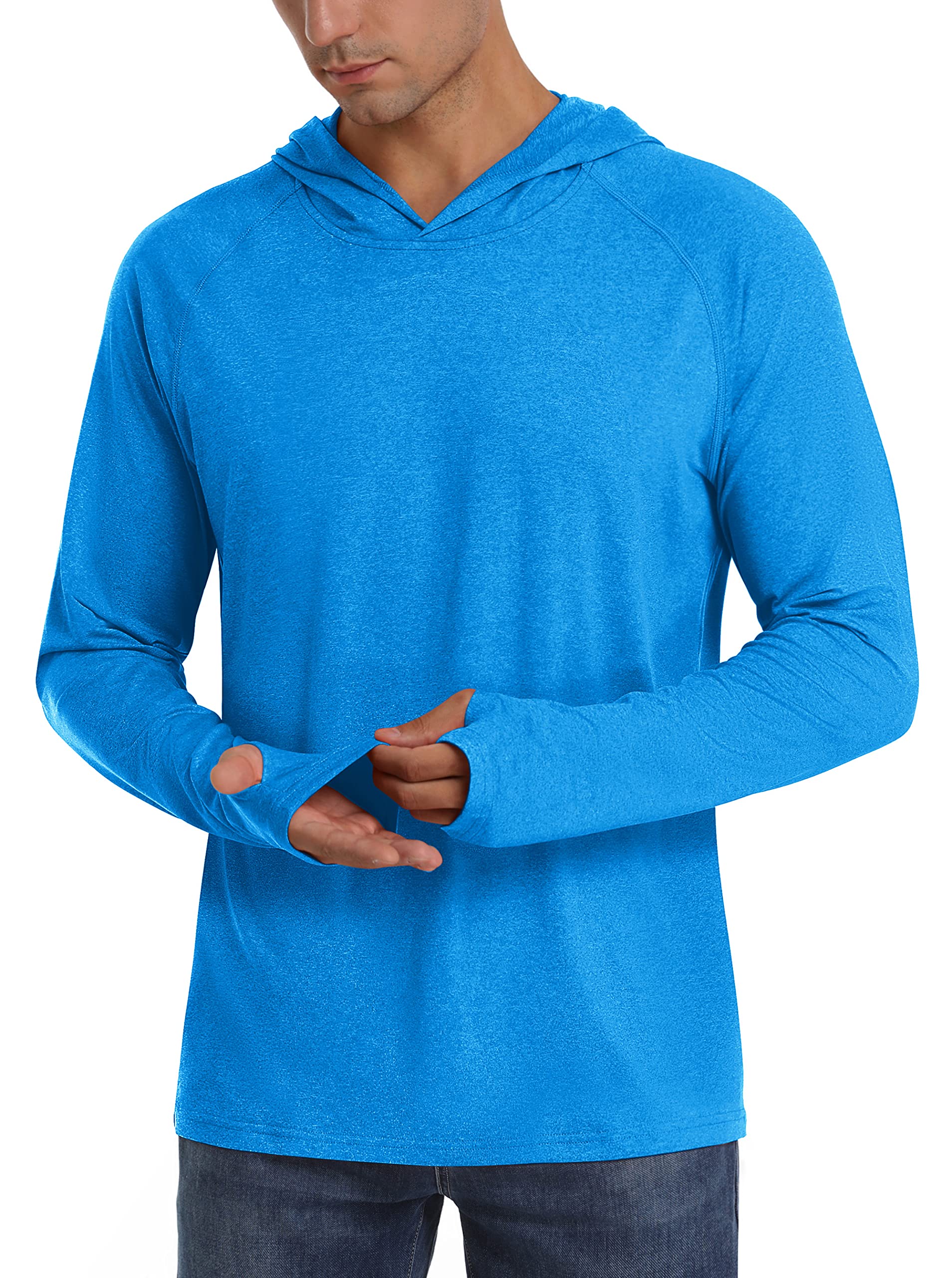 TACVASEN Men's Athletic UV Long Sleeve Durable Shirts with Hoody Running Exercise, Sea Blue, L