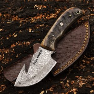 SUSA KNIVES Special Fixed Blade Hunting Knife, Beautiful Damascus Gut Hook Knife Made of Remarkable Damascus Steel Ram Horn Handle, with leather sheath (RAM HORN)