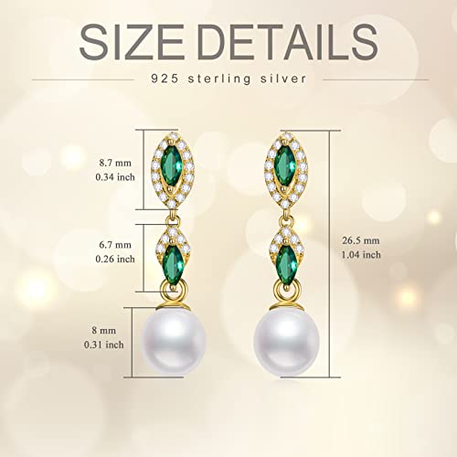 BETHZA Pearl Dangle Earrings for Women 925 Sterling Silver Long Dangle Natural Earrings Gold Plated Stud Earrings with Green Cubic Zirconia Pearl Jewelry for Wife Girlfriend