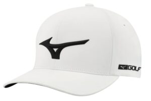 mizuno tour delta fitted hat| unisex adult cap | white-black | l-xl