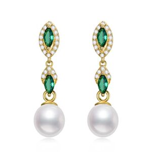 bethza pearl dangle earrings for women 925 sterling silver long dangle natural earrings gold plated stud earrings with green cubic zirconia pearl jewelry for wife girlfriend