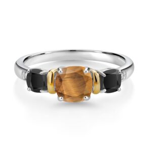 Gem Stone King 925 Silver and 10K Yellow Gold Cushion Brown Tiger Eye and Black Onyx Ring For Women (1.58 CtTW, Gemstone Birthstone, Available In Size 5, 6, 7, 8, 9)