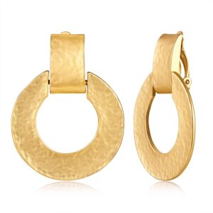 CLASSYZINT Matte Gold Clip On Earrings For Women Handmade Hammered Alloy Statement Earrings Gold Dangle Earrings Jewelry…