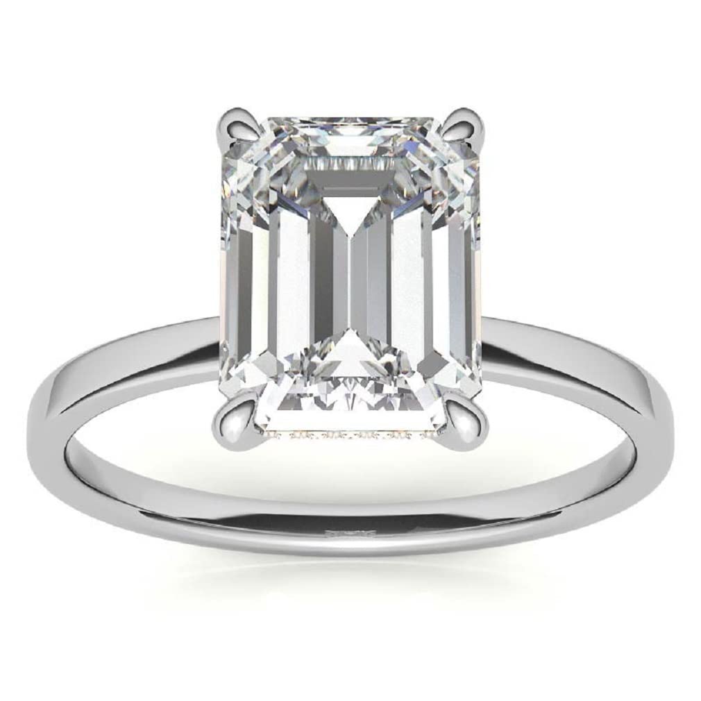 10K Solid White Gold Handmade Engagement Rings, 3 CT Emerald Cut Moissanite Diamond Solitaire Wedding/Bridal Ring for Women/Her, Minimalist Ring Anniversary Ring Gifts (8.5)