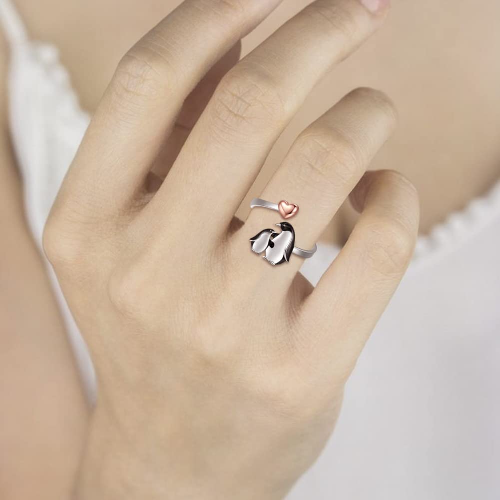 925 Sterling Silver Mama Penguin Ring I Love You Forever Jewelry for Mother Daughter Nana Women Adjustable Animal Rings Christams Mothers Day Gift