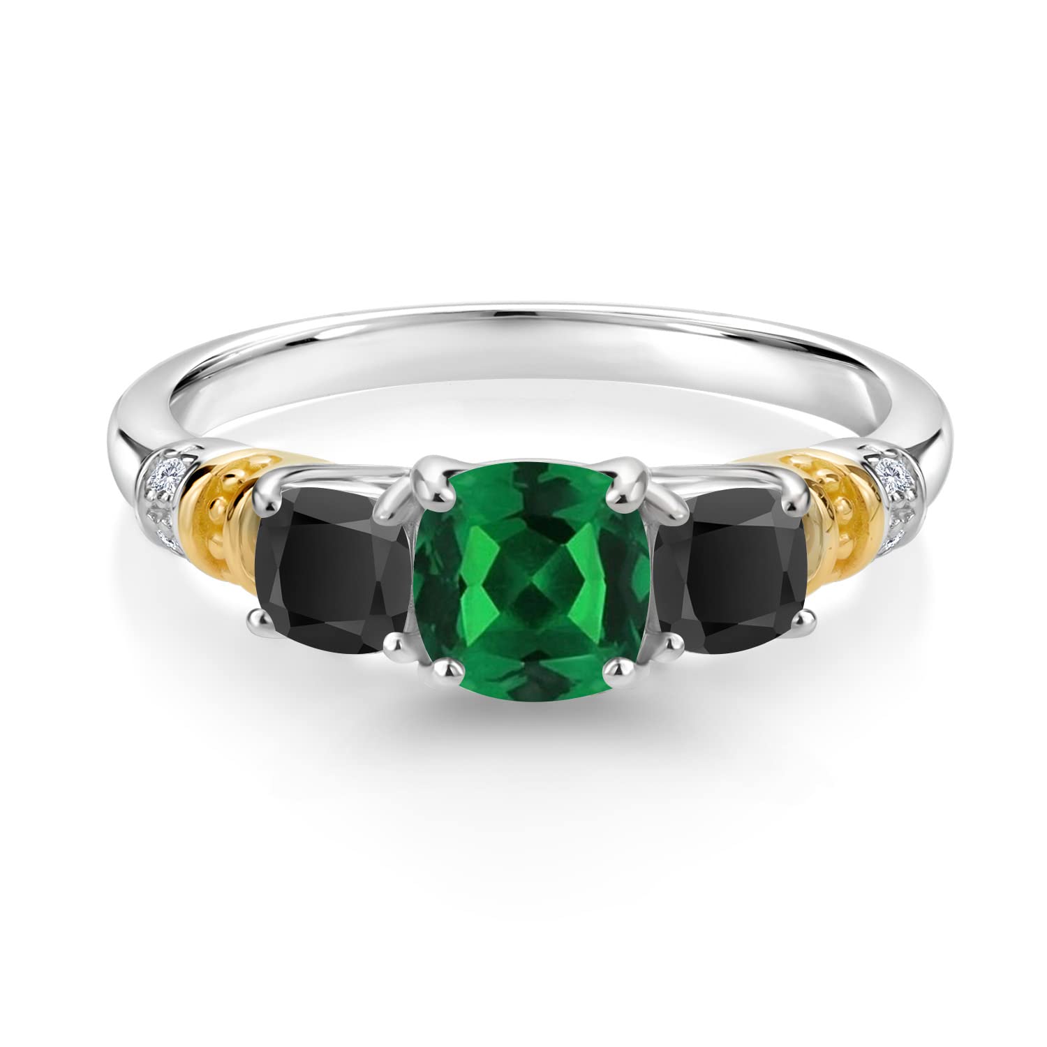 Gem Stone King 925 Silver and 10K Yellow Gold Green Nano Emerald and Black Onyx and Diamond 3-Stone Ring For Women (1.59 Cttw, Gemstone May Birthstone, Cushion 6MM and 4MM, Size 7)