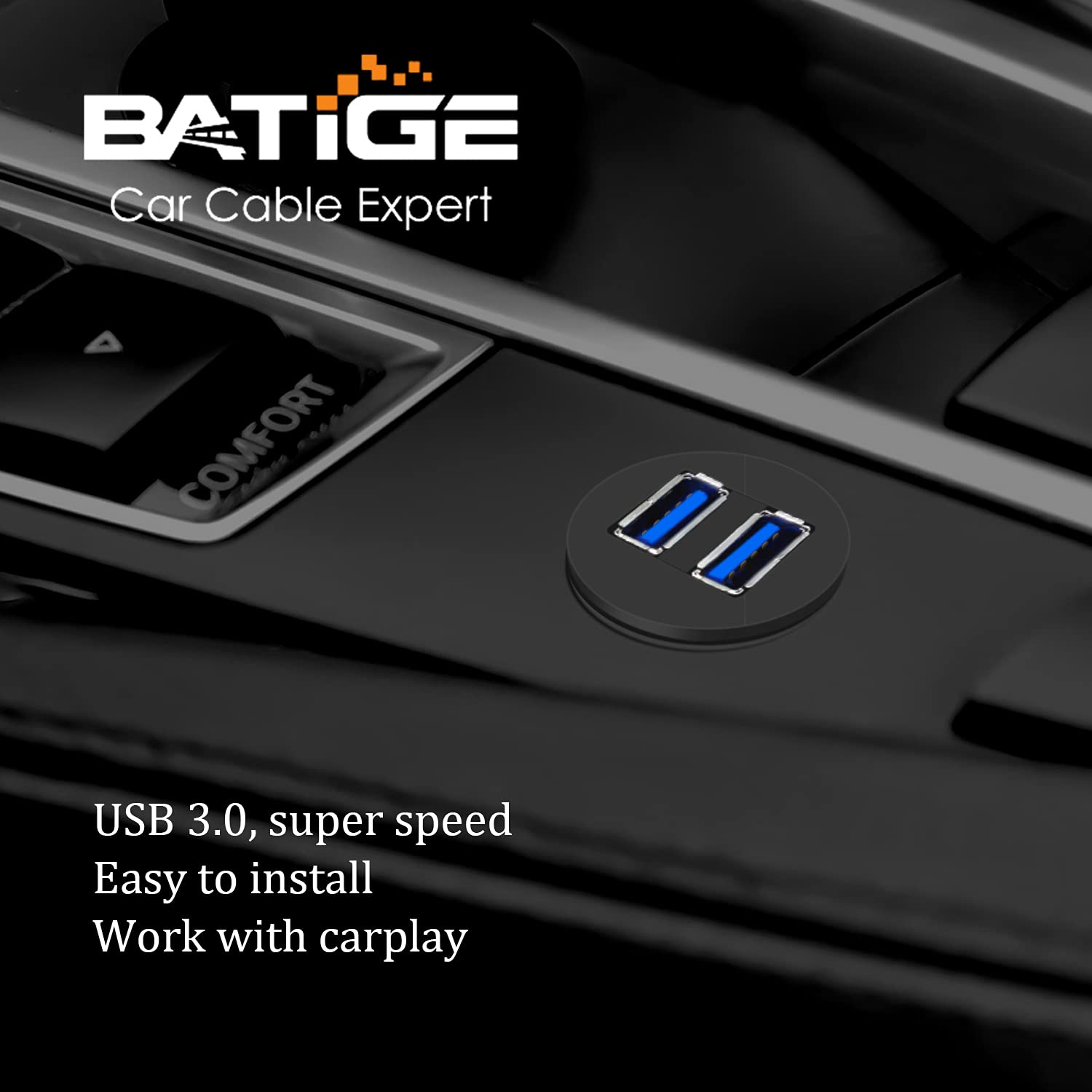 BATIGE 2 Ports Dual USB 3.0 Male to USB 3.0 Female AUX Flush Mount Car Mount Extension Cable for Car Truck Boat Motorcycle Dashboard Panel 1ft