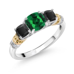 gem stone king 925 silver and 10k yellow gold green nano emerald and black onyx and diamond 3-stone ring for women (1.59 cttw, gemstone may birthstone, cushion 6mm and 4mm, size 7)