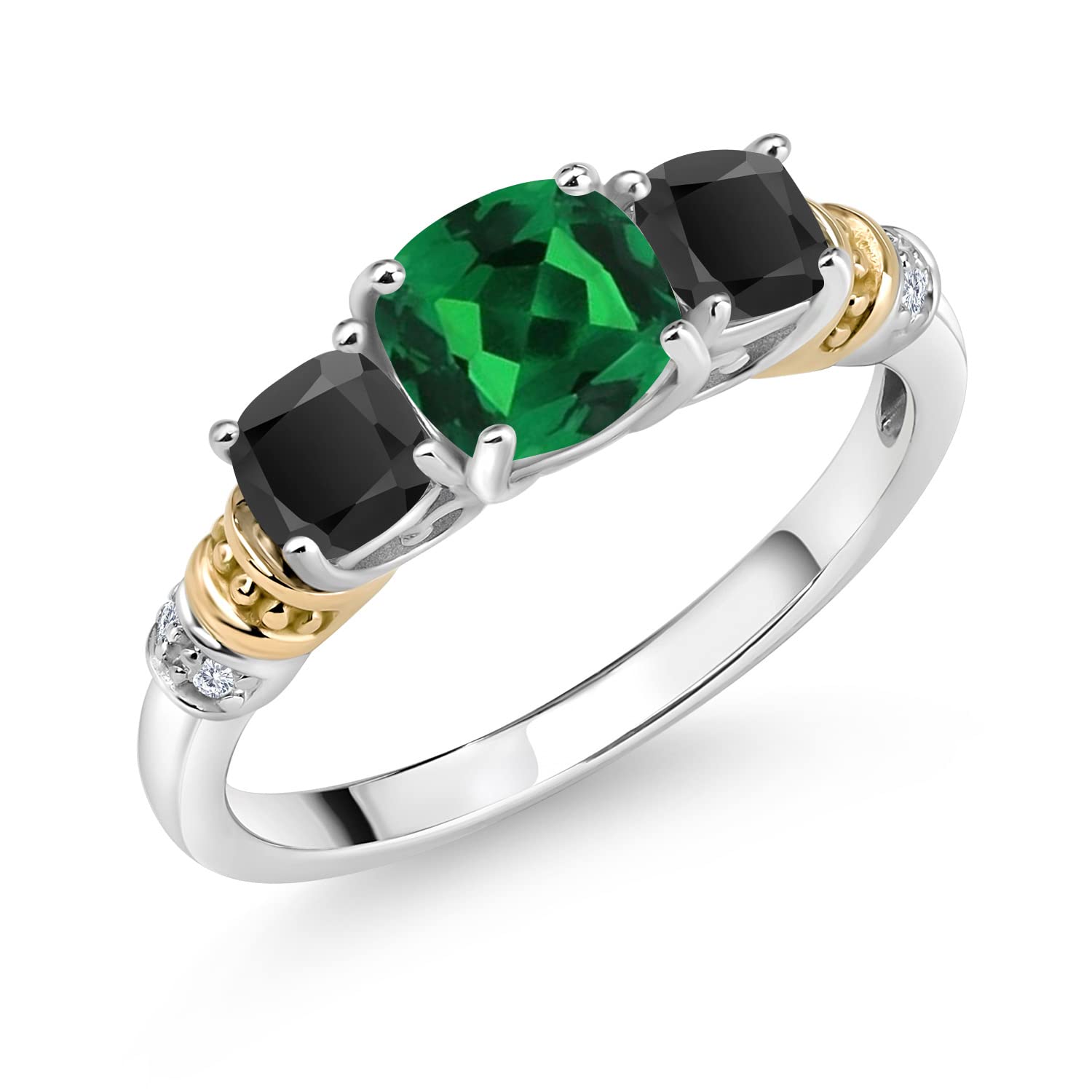 Gem Stone King 925 Silver and 10K Yellow Gold Green Nano Emerald and Black Onyx and Diamond 3-Stone Ring For Women (1.59 Cttw, Gemstone May Birthstone, Cushion 6MM and 4MM, Size 7)