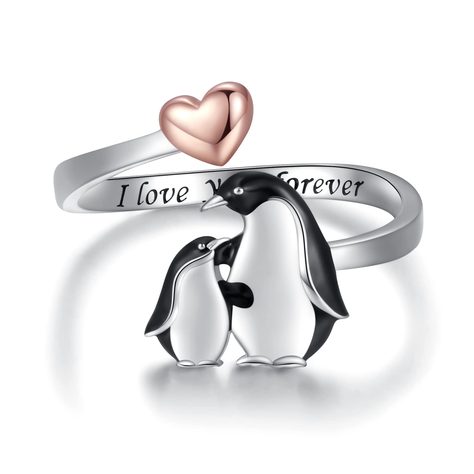 925 Sterling Silver Mama Penguin Ring I Love You Forever Jewelry for Mother Daughter Nana Women Adjustable Animal Rings Christams Mothers Day Gift