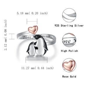 925 Sterling Silver Mama Penguin Ring I Love You Forever Jewelry for Mother Daughter Nana Women Adjustable Animal Rings Christams Mothers Day Gift