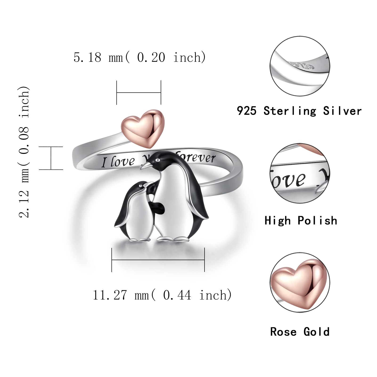 925 Sterling Silver Mama Penguin Ring I Love You Forever Jewelry for Mother Daughter Nana Women Adjustable Animal Rings Christams Mothers Day Gift