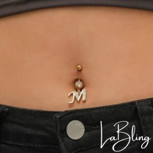 Initial Dangle Belly Button Rings | Embellished with CZ Crystals in Silver Letters A to Z | Ideal for Navel Piercings Belly Piercings - Initial P - BB-016