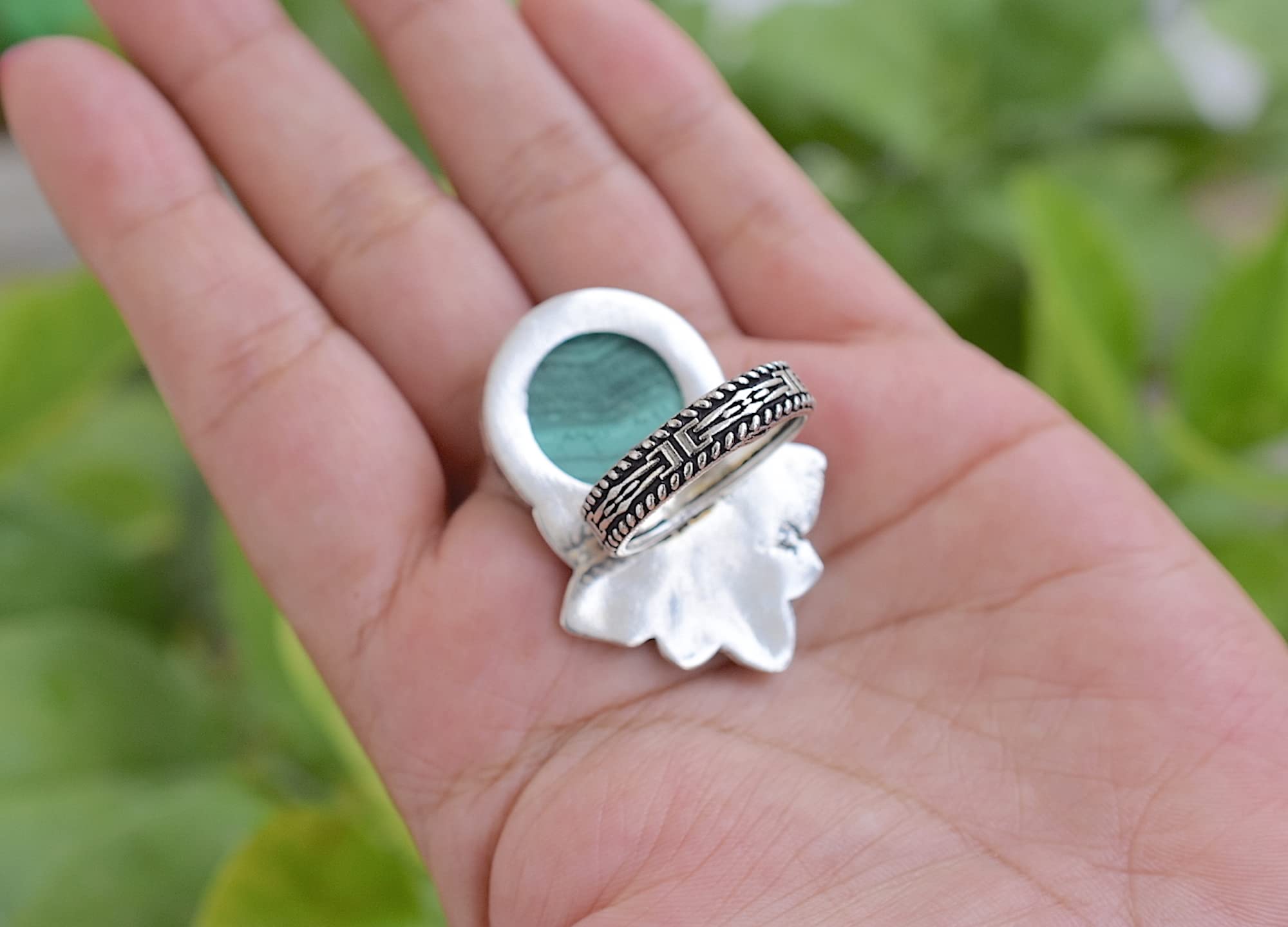 Rekha Gems Malachite Ring-925 Sterling Silver Ring-Vintage Ring-Handmade Ring-Birthday Gift-Green Gemstone Ring-Boho and Hippie Ring-Birthstone Ring-Malachite Jewelry- RMK13 (4.50 US)