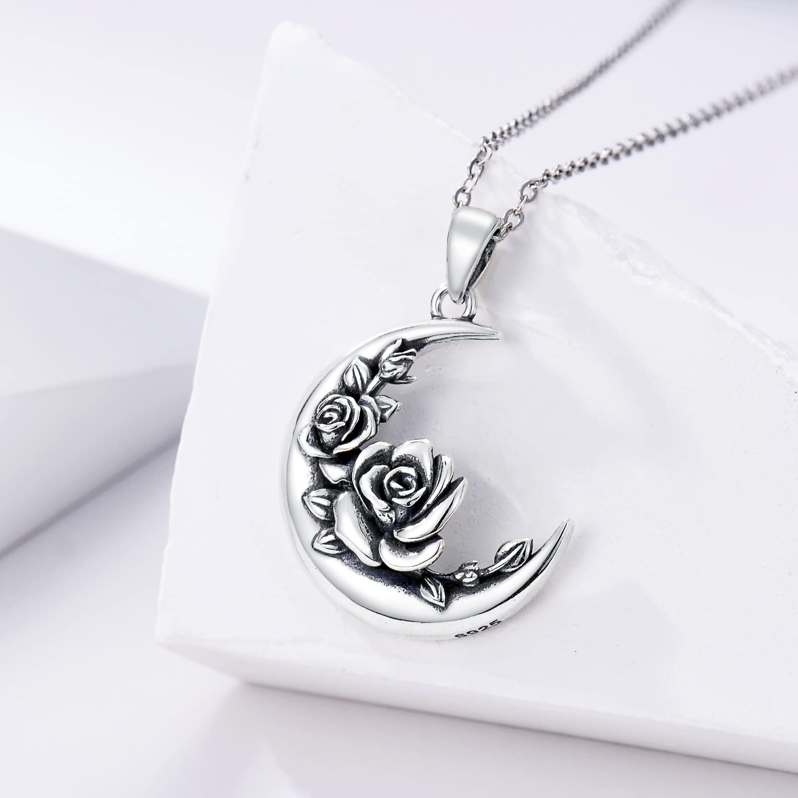 SIMONLY Valentines Day Gifts Sterling Silver Moon Crescent Shape Rose Flower Pendant Necklace Gothic Rose Necklace for Women