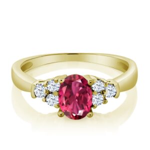 Gem Stone King 18K Yellow Gold Plated Silver Oval Pink Tourmaline and White Topaz Ring For Women (0.74 Cttw, Gemstone Birthstone, Available In Size 5, 6, 7, 8, 9)