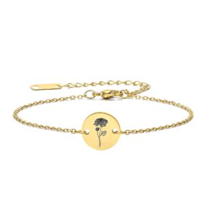 Birth Month Flower Chain Bracelet 18K Gold Plated Dainty Simple Month Birth Floral Disc Charm Engrave Coin Bracelets Minimalist Delicate Custom for Mom Daughter Gift for Her