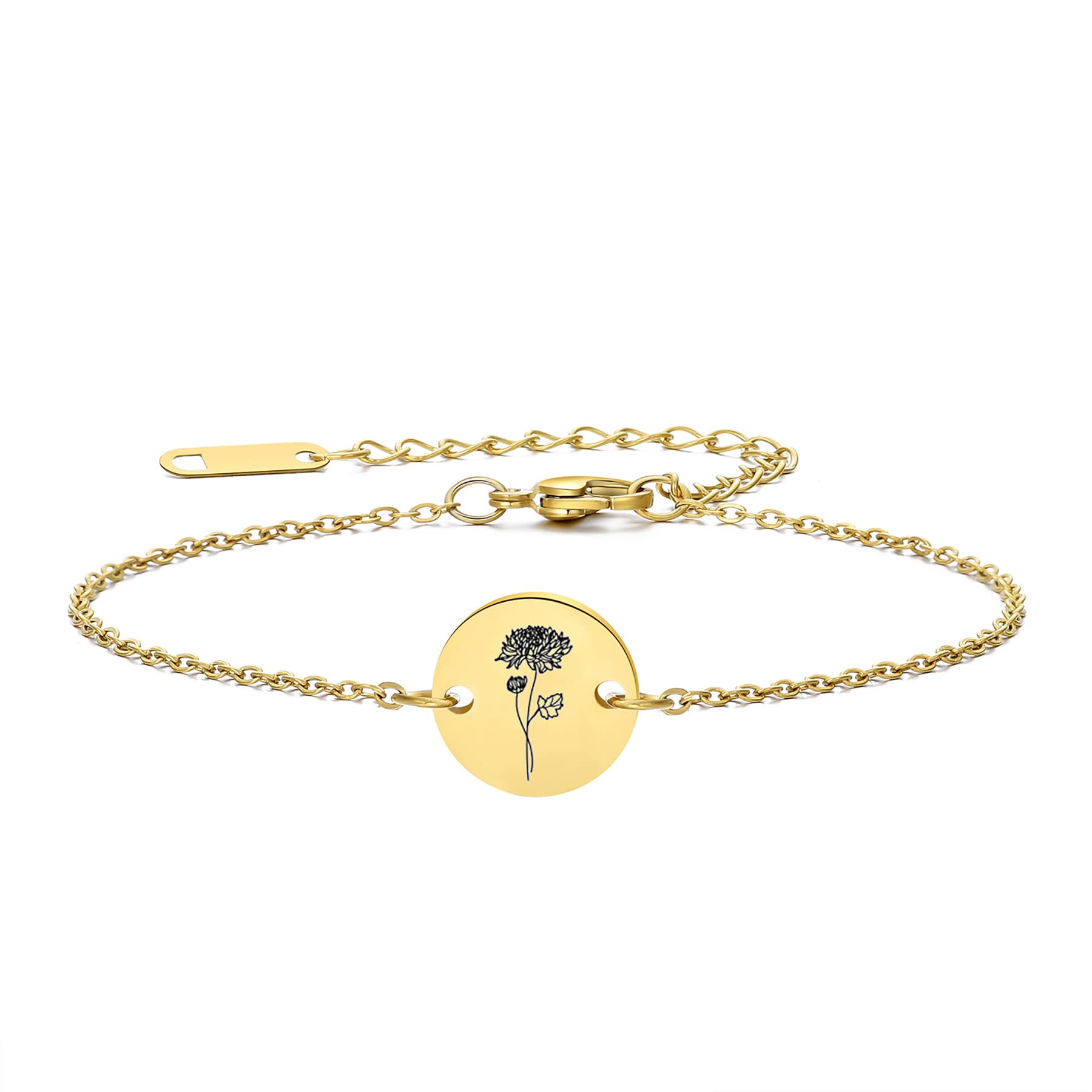 Birth Month Flower Chain Bracelet 18K Gold Plated Dainty Simple Month Birth Floral Disc Charm Engrave Coin Bracelets Minimalist Delicate Custom for Mom Daughter Gift for Her