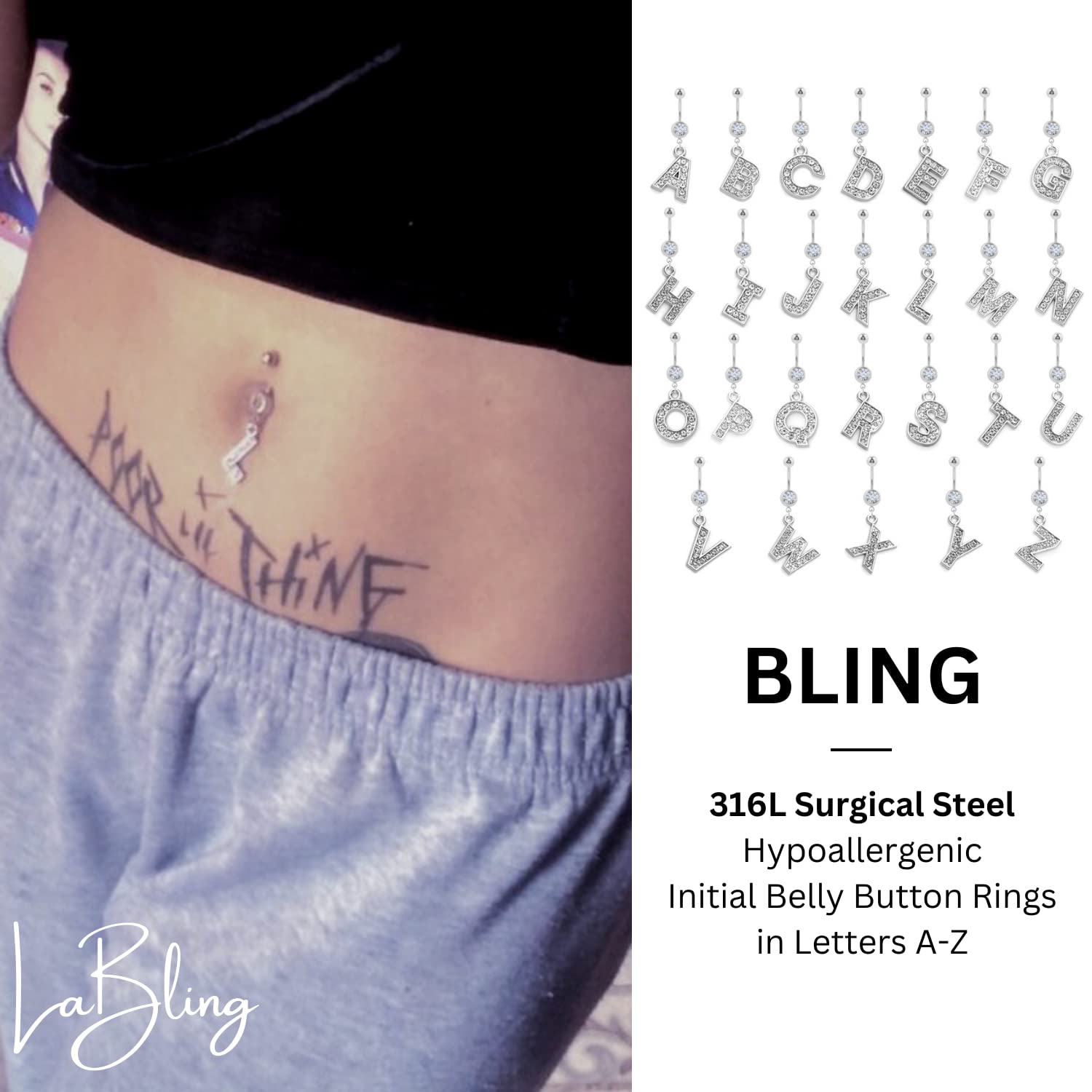 Initial Dangle Belly Button Rings | Embellished with CZ Crystals in Silver Letters A to Z | Ideal for Navel Piercings Belly Piercings - Initial P - BB-016